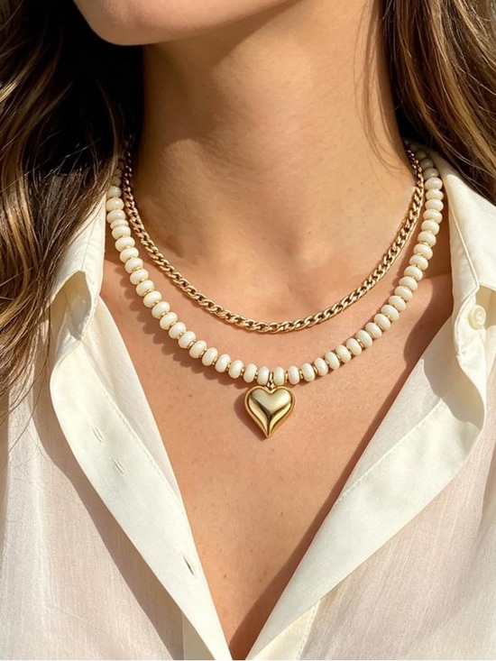 Anthropologie Jewelry - Anthropologie Gold Heart Pendant with Cream Beaded Layered Chains